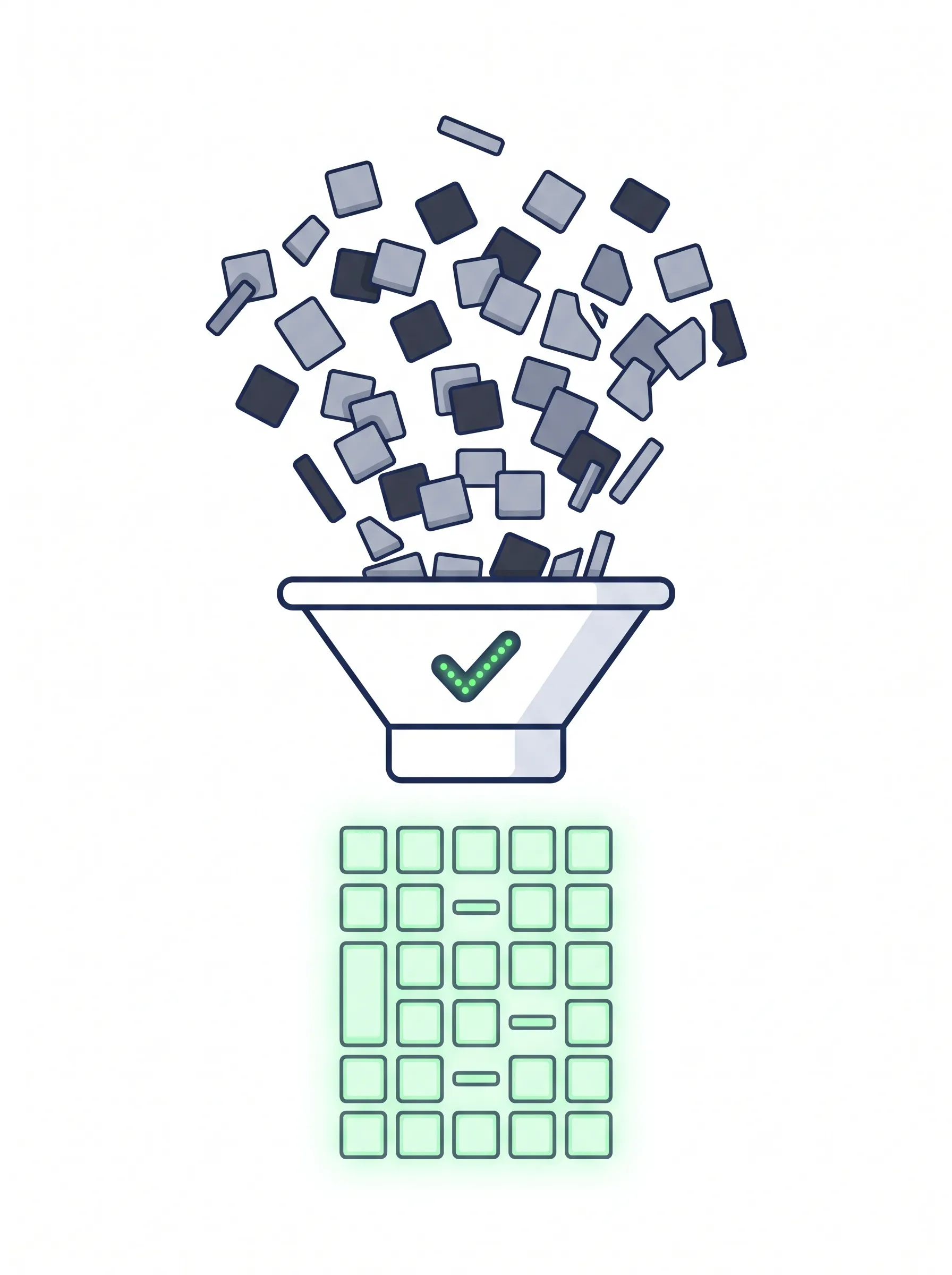 Recordings funnelled through quality checks into a clean, structured dataset.