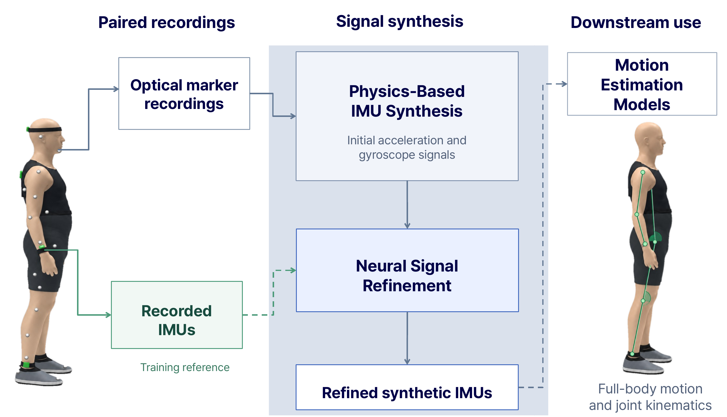IMU synthesis: optical marker recordings feed physics-based IMU synthesis, which produces initial acceleration and gyroscope signals; neural signal refinement, trained against recorded IMUs, outputs refined synthetic IMUs used by motion estimation models to recover full-body motion and joint kinematics.