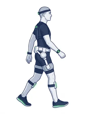 Person walking with a lower-limb wearable assistance device.
