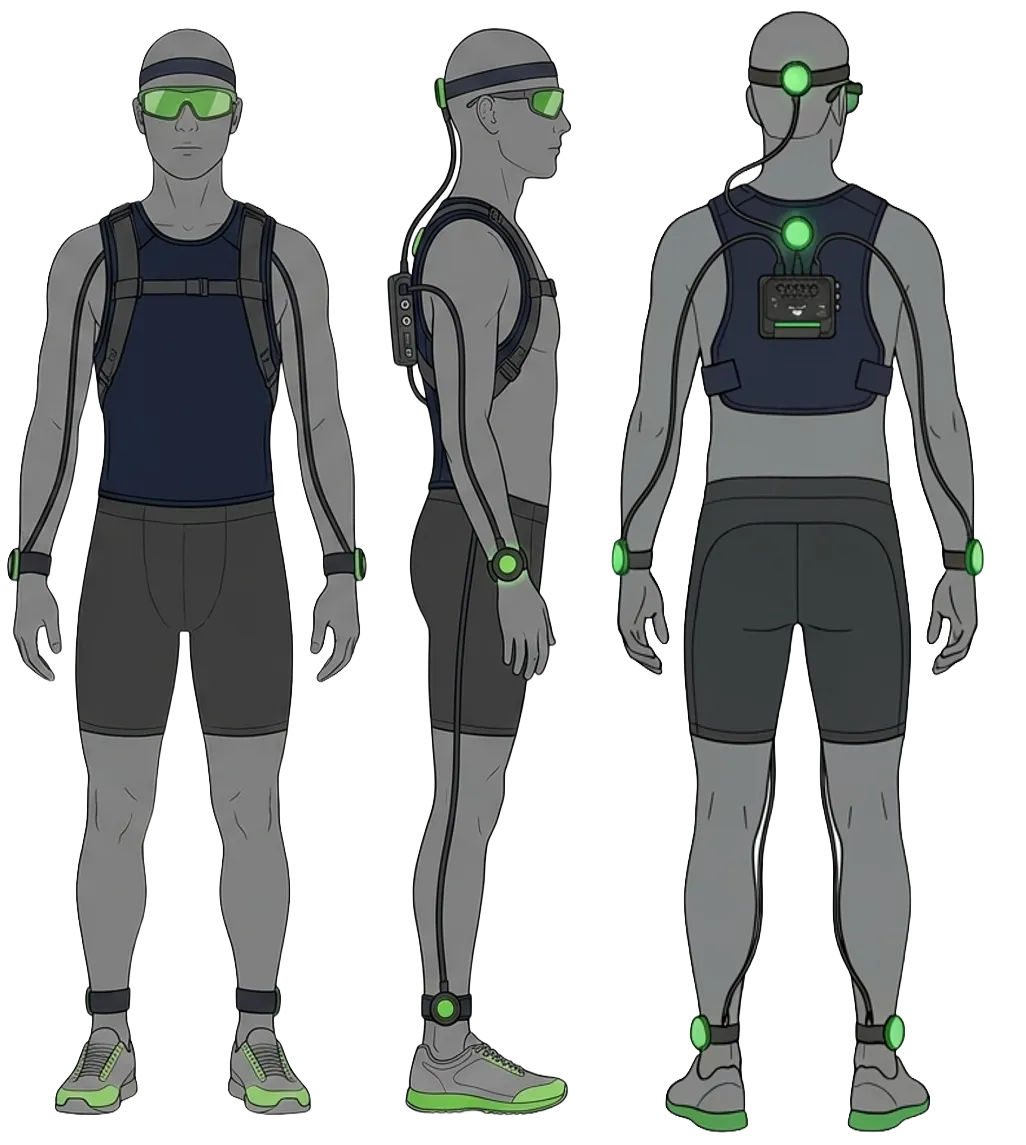 Person wearing IMUs, a sensor vest and pressure insoles, seen from the front, side and back.